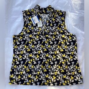 ANNE KLEIN TRIPLE PLEAT V-NECK TOP, BLACK GREY WHITE AND YELLOW FLORAL PRINT  XL